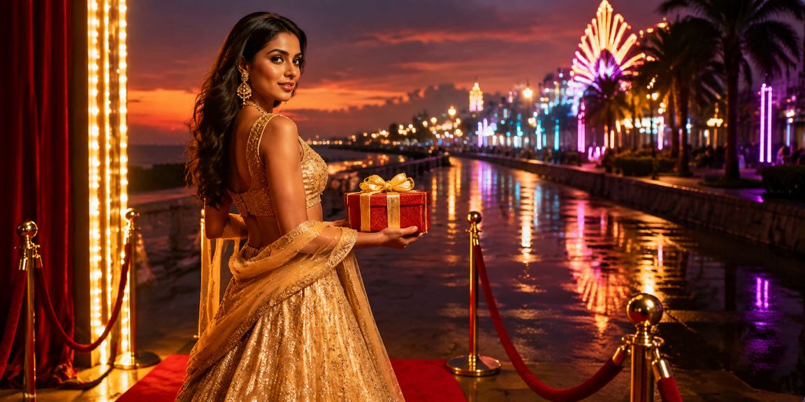 Chennai street scene with betting neon lights and colorful lehenga