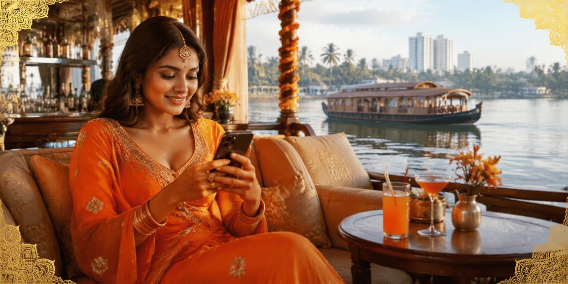 Sunset view over Kerala backwaters with smartphone showing casino games